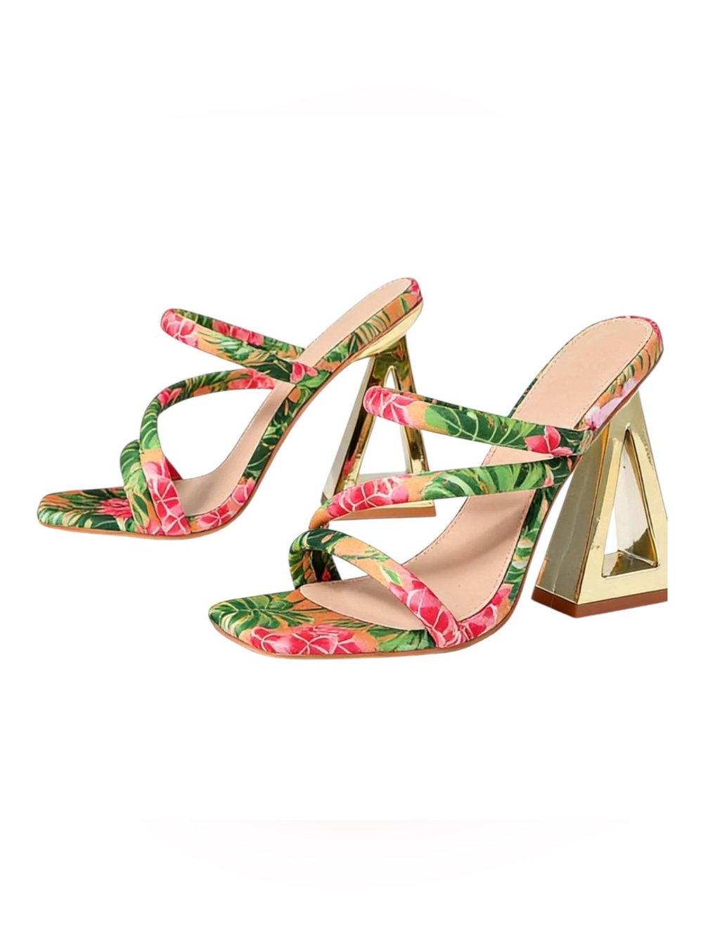 Floral Strappy Block Heel Sandals - Pink & Green